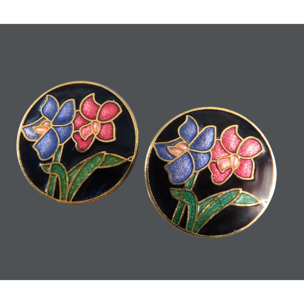 Vintage CLOISONNE ENAMEL Round Flat Earrings GOLD TONE Black Pink Blue Flowers